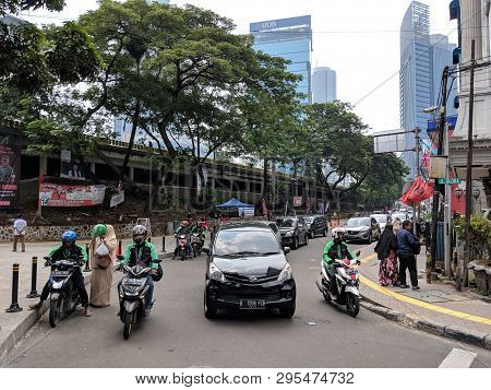 Jakarta, Indonesia - April 7, 2019: Some Drivers Of Ojek Online (taxi Motorbike) Waiting For Passeng