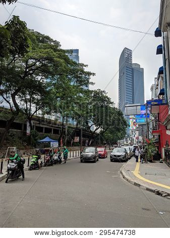 Jakarta, Indonesia - April 7, 2019: Some Drivers Of Ojek Online (taxi Motorbike) Waiting For Passeng