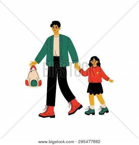 Father Leading His Daughter To School, Cute Girl And Her Dad Walking Together Vector Illustration