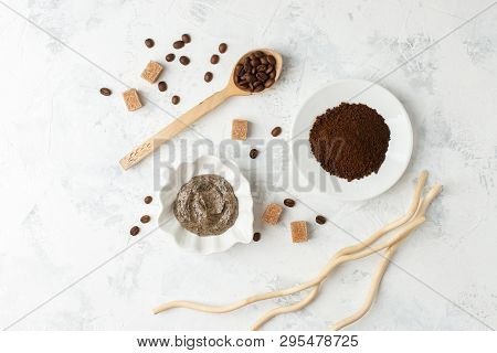Spa Treatment. Coffee Organic Sugar Scrub On White Background Top View Copyspace, Nutrition Wellness