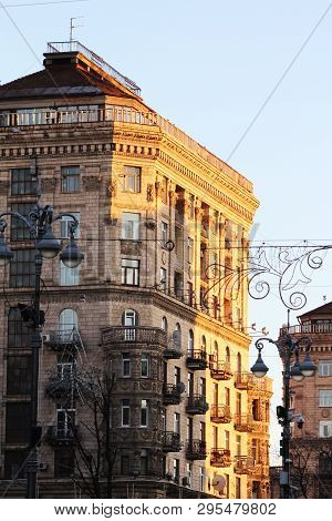 Top View Building Sunset Time. City Street, Ancient Buidings. Crear Sky