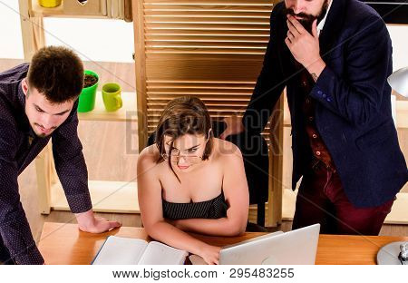 Busty Colleague. Woman Sexy Attractive Female Working With Men Colleagues. Sexual Attraction. Stimul