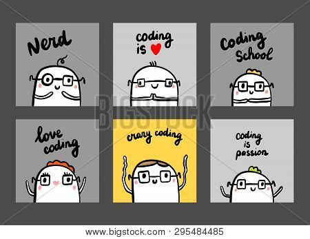 Set Of Six Cards Abour Programmers And Coding Hand Drawn Illustrations In Cartoon Style Minimalism I