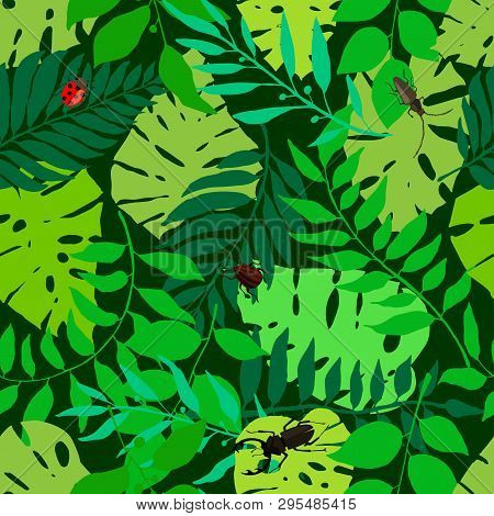 Bright Green Seamless Background With Fresh Leaves. Various Foliage Repetitive Pattern. Vector Illus