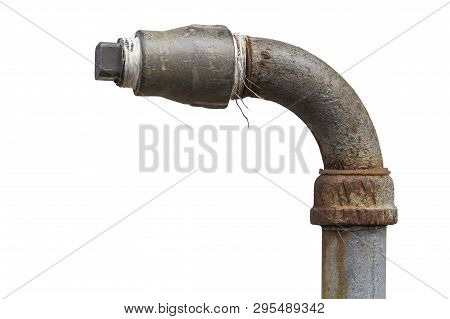 Old Rusty Pipes With Taps And Fittings Isolated On White Background. Close-up