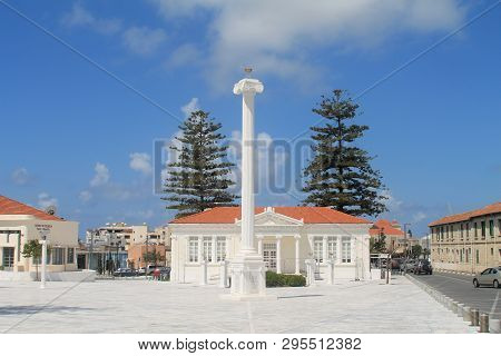 Paphos, Cyprus, April 11th, 2019: Monument Of The 28th Of October On Town Hall Square In Pano Paphos