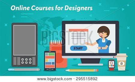 Vector Horizontal Banner - Online Courses For Designers In Flat Styly. Powerful Digital Equipment, T
