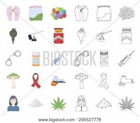 Drug Addiction And Attributes Cartoon, Outline Icons In Set Collection For Design. Addict And Drug V