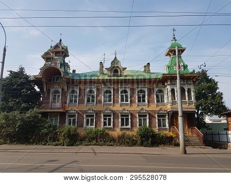 Wooden House Rybinsk Landscape In The Russian Province.