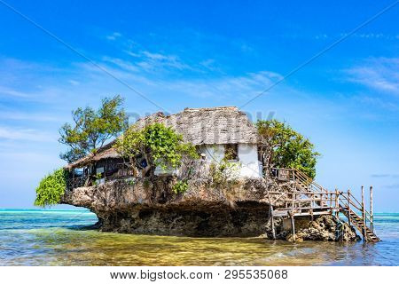 Pingwe , Zanzibar-March 7, 2019 : the Rock famous amazing location restaurant on the beach