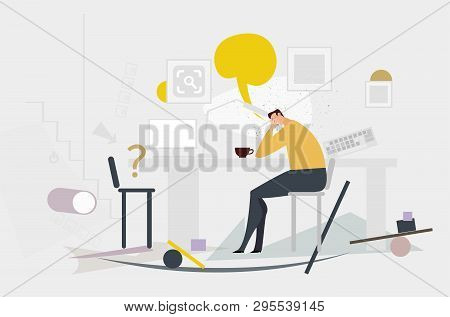 Unhappy Young Man Sitting In The Flat, Holding The Head By His Hands. Sadness, Job Lost, Breaking Re