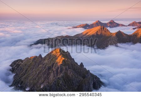 Mountains Landscape With Inversion In The Valley At Sunset As Seen From Rysy Peak In High Tatras, Sl