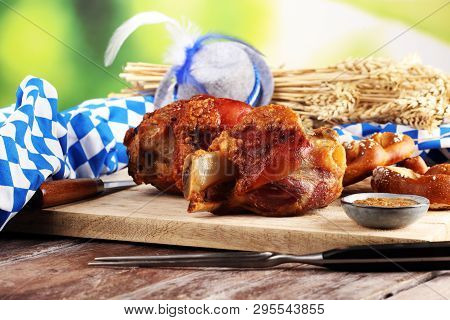 Traditional German Cuisine, Schweinshaxe Roasted Ham Hock And Pretzels