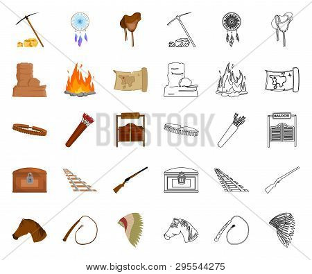 Attributes Of The Wild West Cartoon, Outline Icons In Set Collection For Design.texas And America Ve