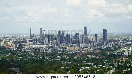 Panoramic View Of Large Brisbane City During Cloudy Day, Taken From Mount Coot-tha Lookout. Australi