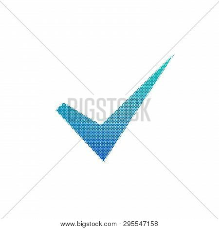 Check Mark In Halftone. Dotted Illustration Isolated On A White Background. Vector Illustration.