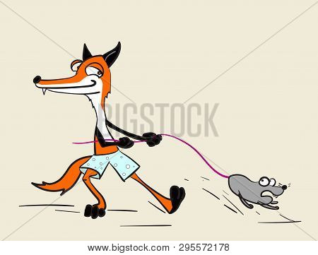 Cartoon Fox With Mouse Or Rat Caught By Tail
