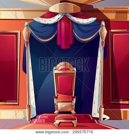 Golden Kings Throne Inlaid With Gems, Ottoman And Pillow On Seat, Standing On Pedestal In Ballroom O