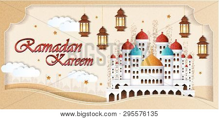 Ramadan Kareem Design In Paper Art Style With Hanging Lantern Or Fanoos And Mosque On Desert