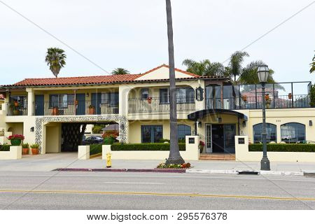 SANTA BARBARA, CALIFORNIA - APRIL 11, 2019: Hotel Milo, on Cabrillo Boulevard, is across from West Beach and Stearns Wharf.