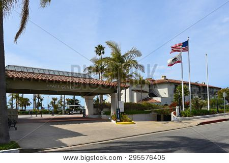 SANTA BARBARA, CALIFORNIA - APRIL 11, 2019: Hyatt Centric Hotel is across from East Beach, built  in the 1930s Spanish Colonial style, only 1 mile from Stearns Wharf.