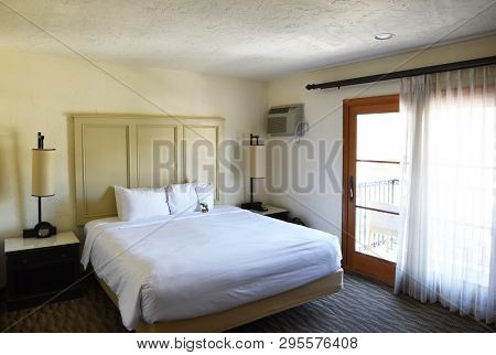 SANTA BARBARA, CALIFORNIA - APRIL 11, 2019: Hyatt Centric Hotel guest room. Across from East Beach, built  in the 1930s Spanish Colonial style, only 1 mile from Stearns Wharf.