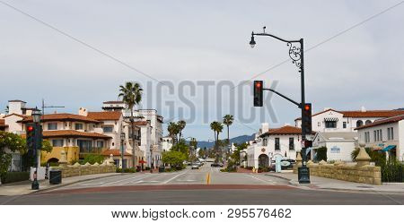 SANTA BARBARA, CALIFORNIA - APRIL 11, 2019: State Street seen from the start of Stearns Wharf