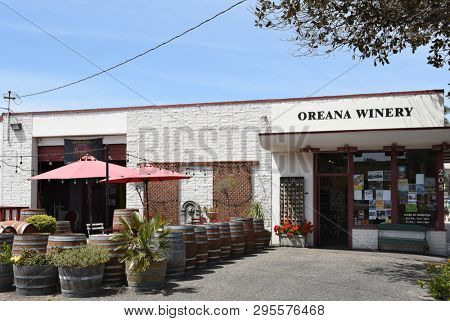 SANTA BARBARA, CALIFORNIA - APRIL 11, 2019: The Oreana Winery in an old tire shop is now an eclectic winery and tasting room focused on Pinot Noir and Syrah,