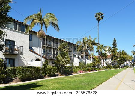 SANTA BARBARA, CALIFORNIA - APRIL 11, 2019: Hyatt Centric Hotel is across from East Beach, built  in the 1930s Spanish Colonial style, only 1 mile from Stearns Wharf.
