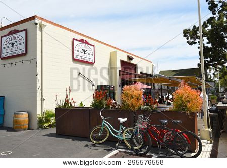 SANTA BARBARA, CALIFORNIA - APRIL 11, 2019: The Shalhoob Meat Company open air patio restaurant known as the Funk Zone Patio in the heart of the Art and Wine District.
