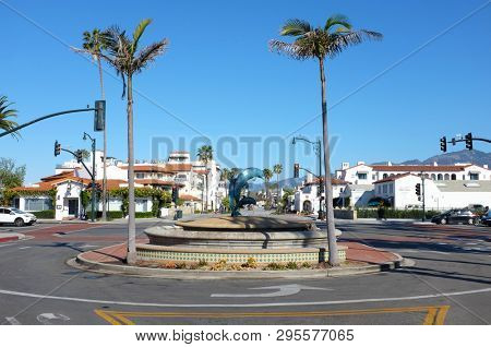 SANTA BARBARA, CALIFORNIA - APRIL 12, 2019: State Street seen from the Dolphin Statue at Stearns Wharf.