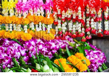 Fresh Flower Garland Used To Worship The Sacred Things In Buddhism
