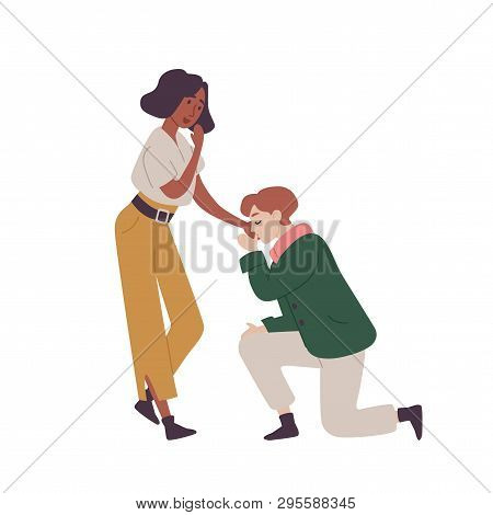 A Man In Love Kisses The Girls Hand And Asks Her To Marry Him