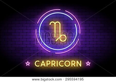 The Capricorn Zodiac Symbol, Horoscope Sign In Trendy Neon Style On A Wall. Capricorn Astrology Sign