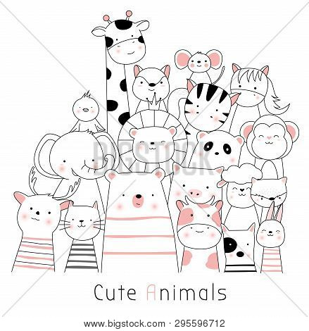 Cute Baby Animals Cartoon Hand Drawn Style,for Printing,card, T Shirt,banner,product.vector Illustra