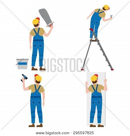 Set Workers Put Plaster On A Stepladder, With A Screwdriver, Installing Gypsum Plasterboard Panels. 