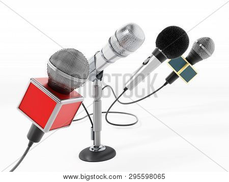 Aligned News Microphones Isolated On White Background. 3d Illustration.