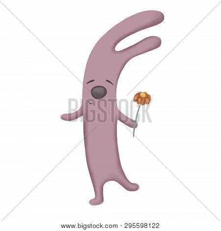 Cartoon Romantic Happy Pink Hare With Flower