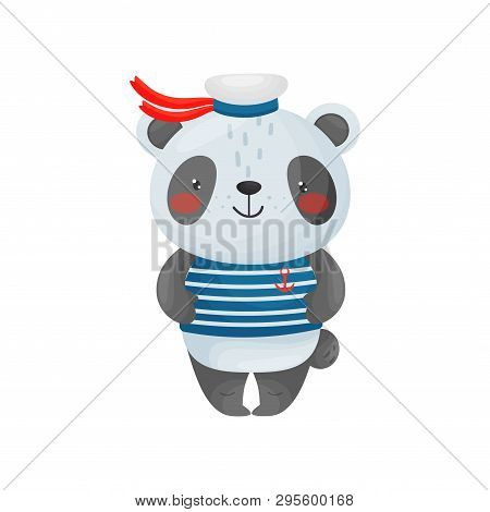 Panda Sailor Character In A Cartoon Style, In A Blue White Vest, Badge And Peakless Cap.