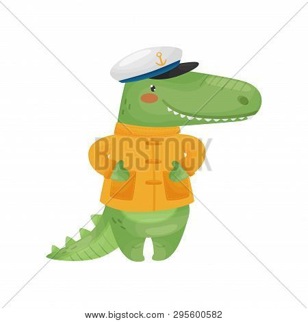 Crocodile Sailor Character In A Cartoon Style, In A Yellow Jacket With Pockets And A Cap.