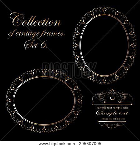 Golden Ornament Elements On A Black Background For The Design Of Greeting And Invitation Cards.