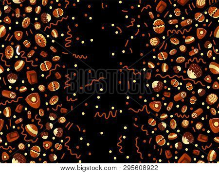 Chocolate Candy Frame Of Choco Candies On Black Background. Chocolate Candy Banner, Top View, Flat L