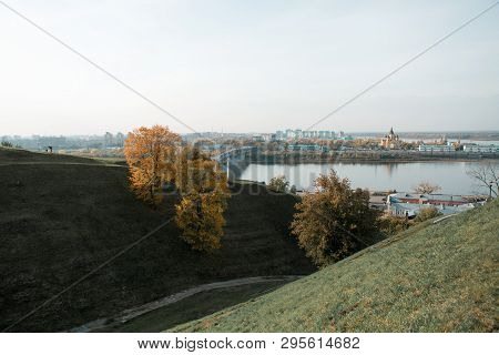 Great View Of The River From The Mountain. Nizhny Novgorod The Confluence Of The Rivers Oka And Volg