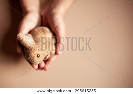 Little Easter Bunny Rabbit In The Childs Hands On Minimallistic Nude Background. Holiday Banner Post