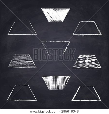 Free Hand Drawn Isosceles Trapezoid. Chalk Geometric Figures On Chalkboard Background. Vector Illust