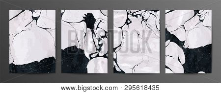 Black And White Marble Textures Vector Backdrops Set. Natural Stone, Mineral Background For Text, Mo