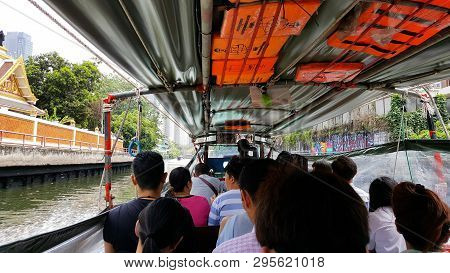 Bangkok, Thailand - March 5, 2019: The Khlong Saen Saep Boat Service Is Servicing Many Of People Who