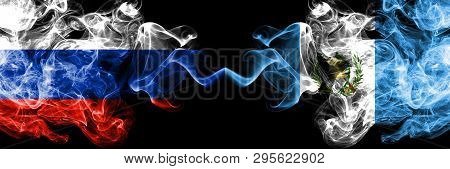 Russian Vs Guatemala, Guatemalan Smoke Flags Placed Side By Side. Thick Colored Silky Smoke Flags Of