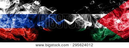 Russian Vs Jordan, Jordanian Smoke Flags Placed Side By Side. Thick Colored Silky Smoke Flags Of Rus