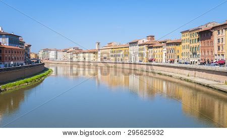 Pisa, Landscape View Of Lungarno From The Ponte Di Mezzo Bridge